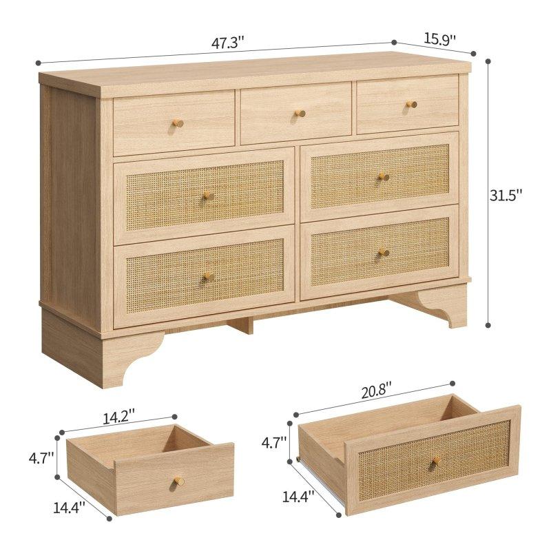 Doğal Meşe ve Rattan 7 Çekmeceli Bohem Şifonyer - 121 cm - 308006