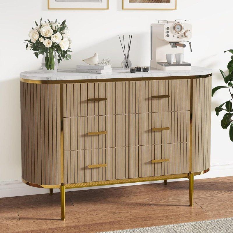 Doğal Meşe Yivli 6 Çekmeceli Metal Kulplu MDF Şifonyer - 120 cm - 308140