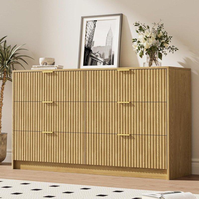 Doğal Meşe Yivli Gold Kulplu Modern Şifonyer - 305495