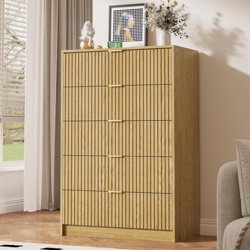 Doğal Meşe Yivli Gold Kulplu Modern Şifonyer - 305495