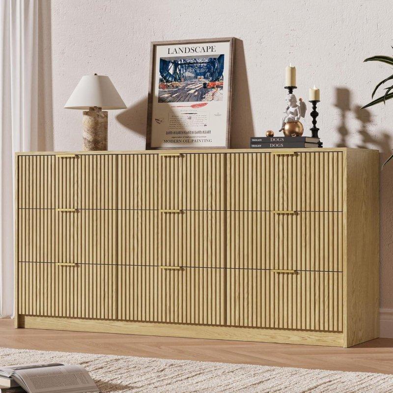 Doğal Meşe Yivli Gold Kulplu Modern Şifonyer - 305495