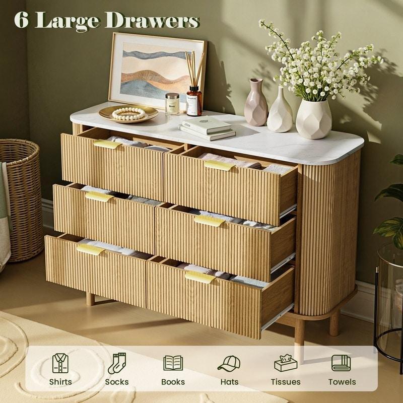 Doğal Meşe Yivli Mermer Desenli 6 Çekmeceli Şifonyer - 120 cm - 297060