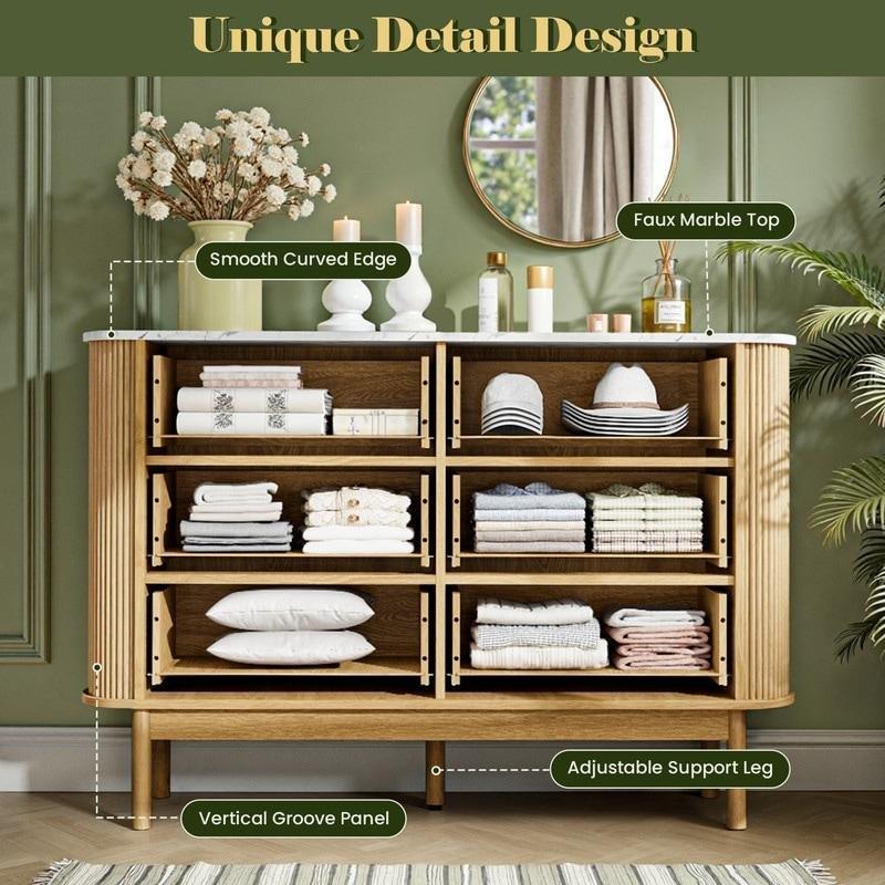 Doğal Meşe Yivli Mermer Desenli 6 Çekmeceli Şifonyer - 120 cm - 297060