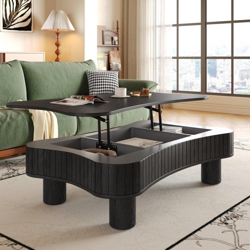 Doğal Meşe Yivli Panelli Kaldırılabilir Tablalı ve Saklama Alanlı Akıllı Sehpa - 107x69 cm - 254309