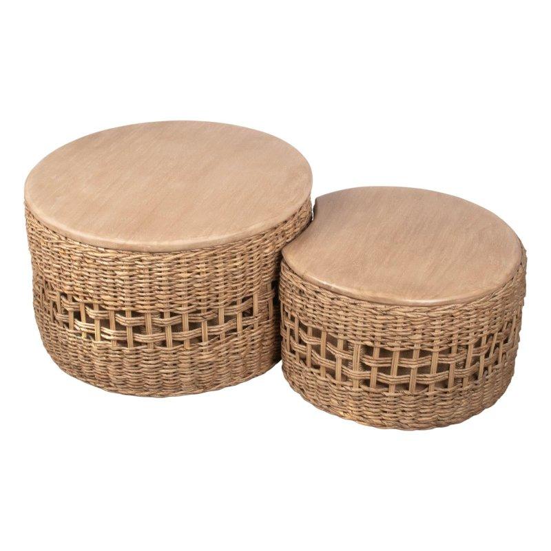Doğal Muz Lifi ve Rattan İç İçe Geçebilen 2li Set Yuvarlak Orta Sehpa - 67 cm - 239780