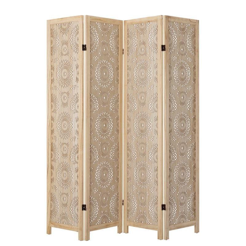 Doğal Paulownia Ahşap Oyma Çiçek Desenli Katlanır Paravan -170x160x2 cm - 321003