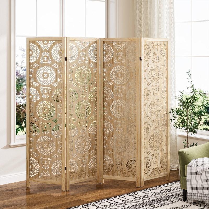 Doğal Paulownia Ahşap Oyma Çiçek Desenli Katlanır Paravan -170x160x2 cm - 321003