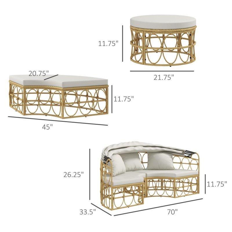Doğal PE Rattan Açılır Tenteli Modüler Yuvarlak Güneşlenme Yatağı Bahçe Takımı - 178 cm - 274934
