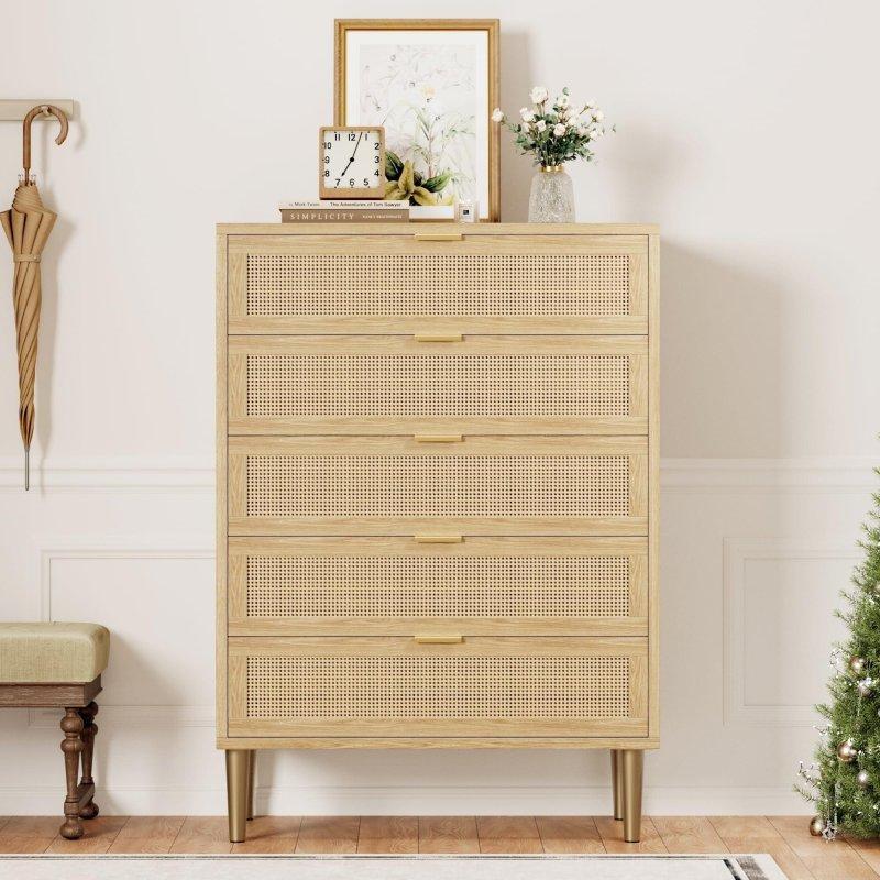 Doğal Rattan 5 Çekmeceli Gold Kulplu Dar Şifonyer - 81x112 cm - 295836