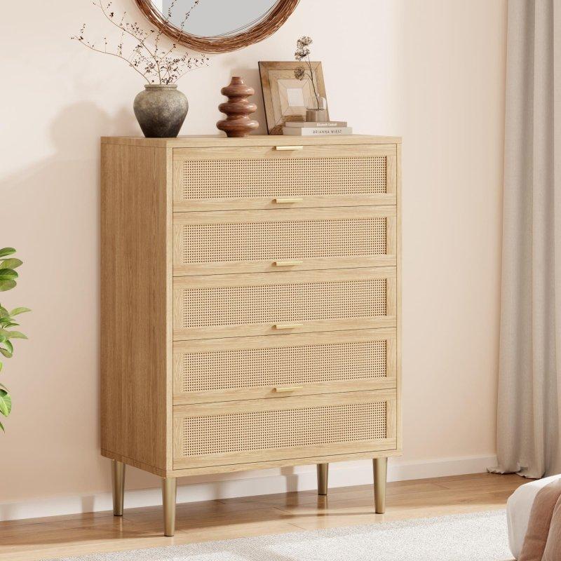 Doğal Rattan 5 Çekmeceli Gold Kulplu Dar Şifonyer - 81x112 cm - 295836