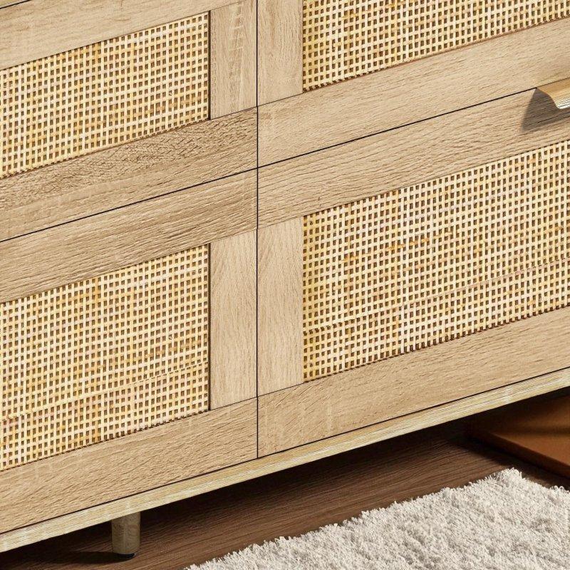 Doğal Rattan 6 Çekmeceli Metal Kulplu Ahşap Bacaklı Bohem Konsol - 150 cm - 325014
