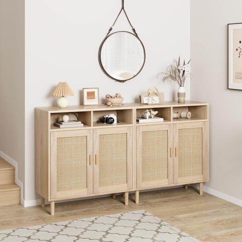 Doğal Rattan Ahşap Ayaklı Açık Raflı Bohem Konsol - 325220
