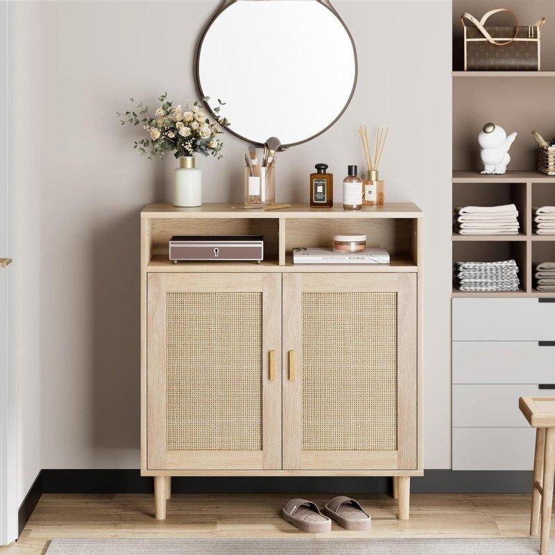 Doğal Rattan Ahşap Ayaklı Açık Raflı Bohem Konsol - 325220