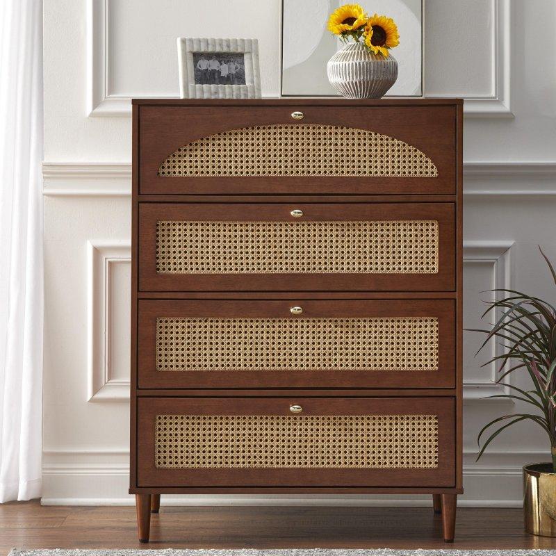 Doğal Rattan Detaylı 4 Çekmeceli Ahşap Şifonyer - 87x46x115 cm - 295125