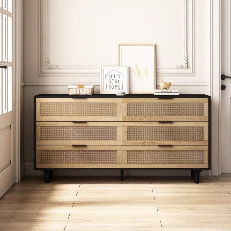 Doğal Rattan Detaylı 6 Çekmeceli Ahşap Şifonyer - 299389