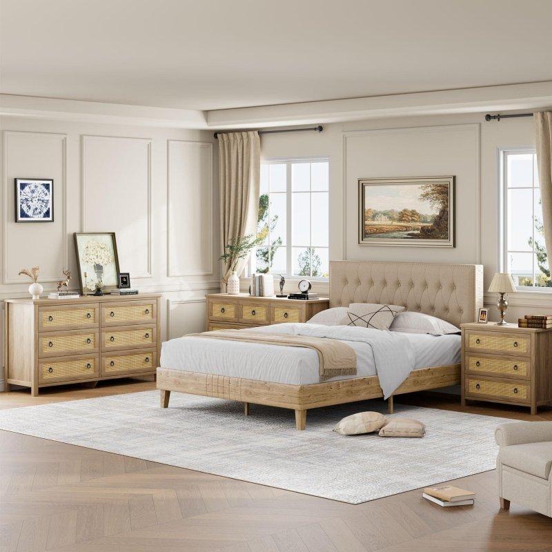 Doğal Rattan Detaylı 6 Çekmeceli Geniş Ahşap Şifonyer - 296016