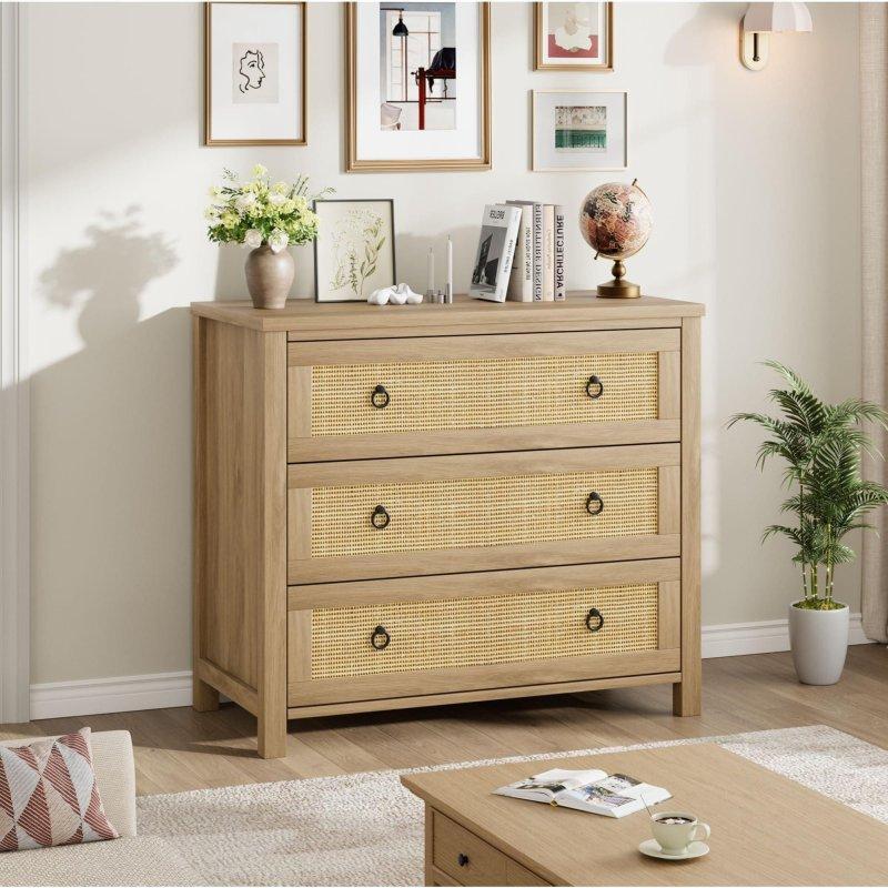Doğal Rattan Detaylı 6 Çekmeceli Geniş Ahşap Şifonyer - 296016