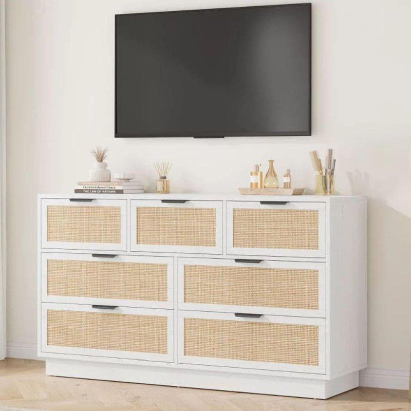 Doğal Rattan Detaylı 7 Çekmeceli MDF Şifonyer - 140 cm - 311733