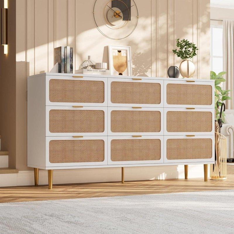 Doğal Rattan Detaylı 9 Çekmeceli Metal Ayaklı MDF Şifonyer - 298131