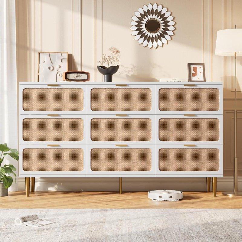 Doğal Rattan Detaylı 9 Çekmeceli Metal Ayaklı MDF Şifonyer - 298131