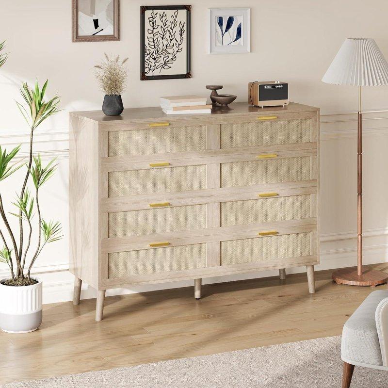 Doğal Rattan Detaylı Gold Kulplu Meşe 8 Çekmeceli Şifonyer - 120x94x40 cm - 298324