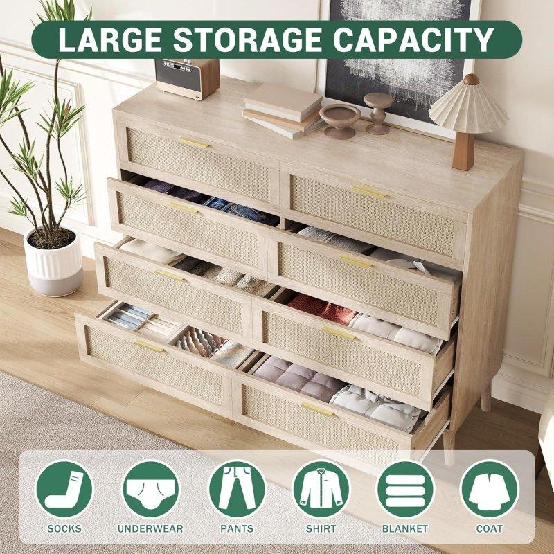 Doğal Rattan Detaylı Gold Kulplu Meşe 8 Çekmeceli Şifonyer - 120x94x40 cm - 298324