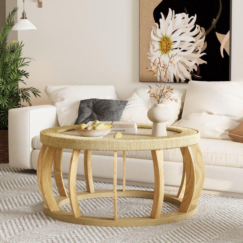 Doğal Rattan Detaylı Masif Ahşap Kavisli Ayaklı Bohem Yuvarlak Orta Sehpa - 90 cm - 239938