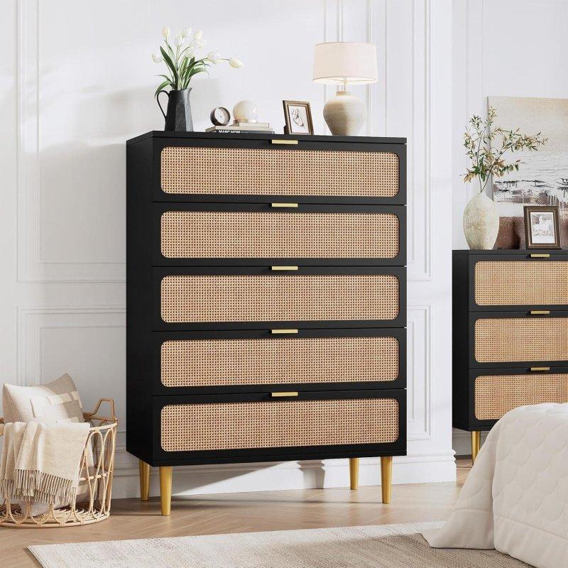 Doğal Rattan El Örgüsü Detaylı 5 Çekmeceli MDF Şifonyer - 309765