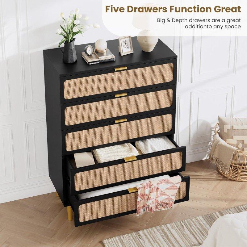 Doğal Rattan El Örgüsü Detaylı 5 Çekmeceli MDF Şifonyer - 309765