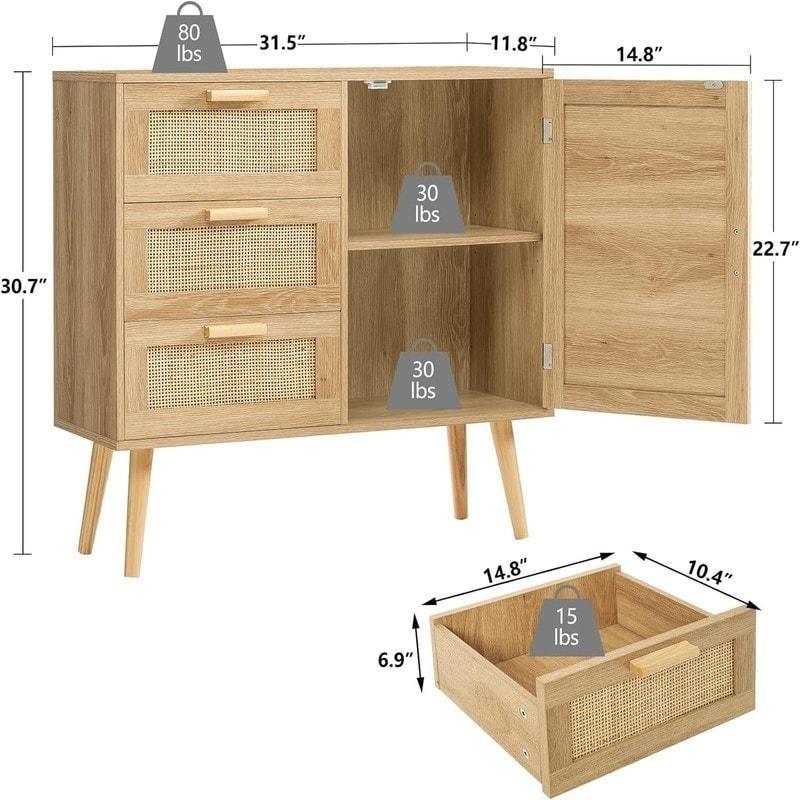 Doğal Rattan Kapaklı 3 Çekmeceli Ahşap Bohem Konsol - 80x30x78 cm - 325397