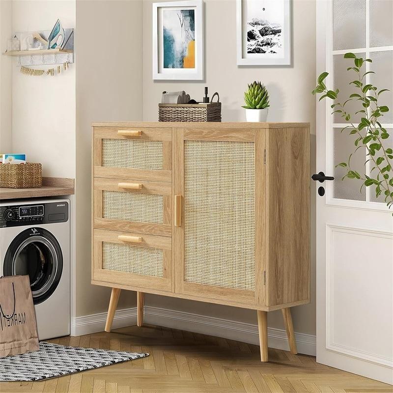 Doğal Rattan Kapaklı 3 Çekmeceli Ahşap Bohem Konsol - 80x30x78 cm - 325397