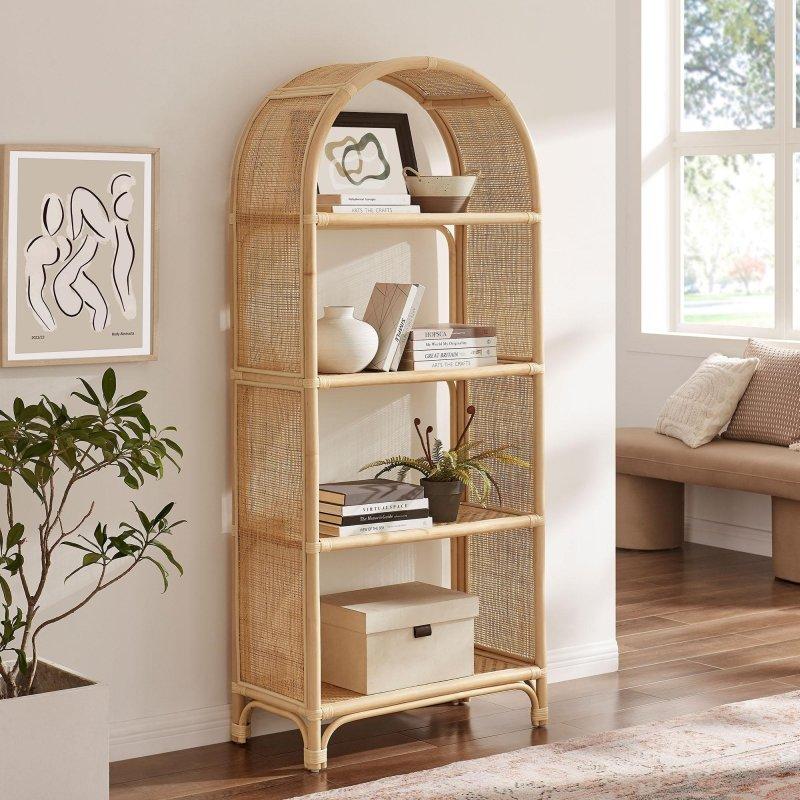 Doğal Rattan Kemerli 4 Raflı Ahşap Kitaplık - 173 cm - 317018