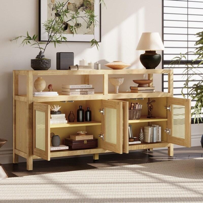 Doğal Rattan Masif Ahşap Ayarlanabilir Raflı Bohem Konsol - 153 cm - 324978