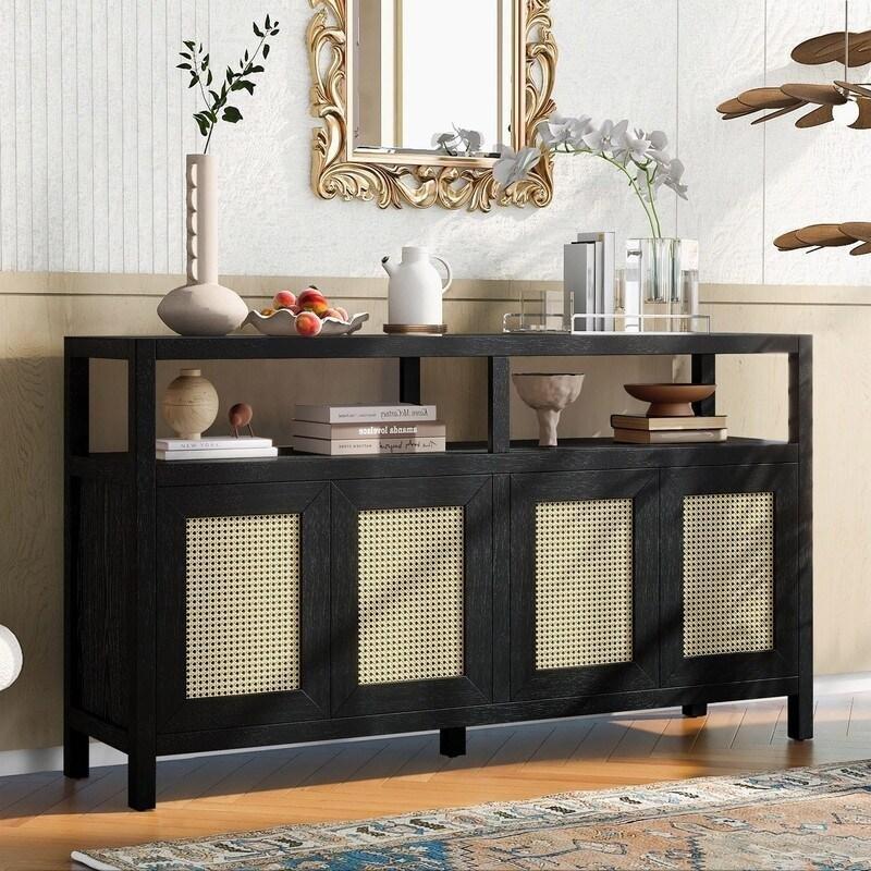 Doğal Rattan Masif Ahşap Ayarlanabilir Raflı Bohem Konsol - 153 cm - 324978