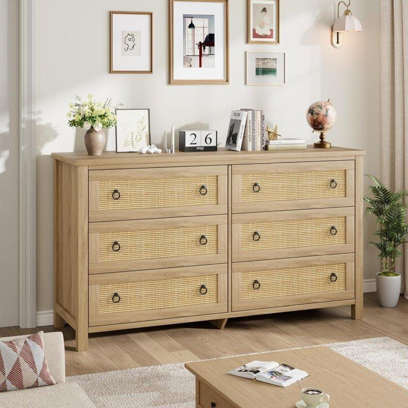 Doğal Rattan MDF 6 Çekmeceli Bohem Şifonyer - 120 cm - 303060