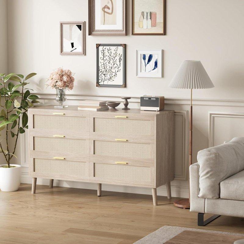 Doğal Rattan MDF 6 Çekmeceli Gold Kulplu Şifonyer - 120x75x40 cm - 308423