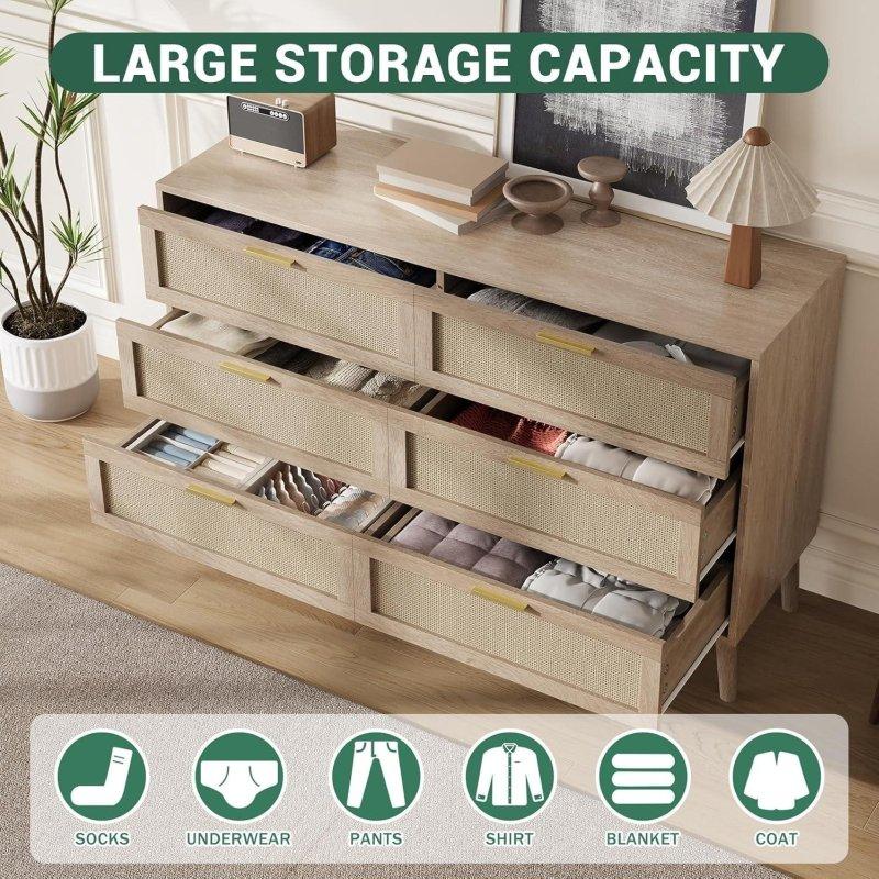 Doğal Rattan MDF 6 Çekmeceli Gold Kulplu Şifonyer - 120x75x40 cm - 308423