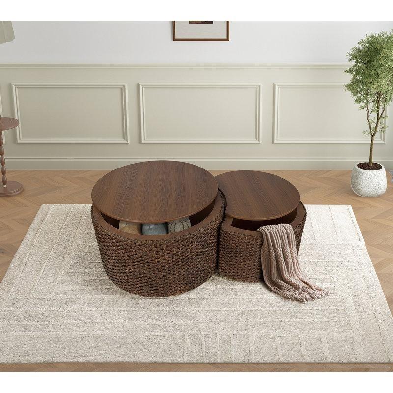 Doğal Rattan Saklama Alanlı Zigon Yuvarlak Orta Sehpa Seti - 68 cm - 245160