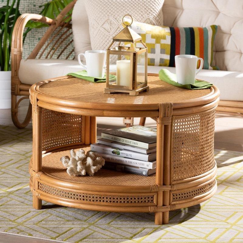 Doğal Rattan Tek Raflı Bohem Yuvarlak Orta Sehpa - Çap 77 cm - 245469