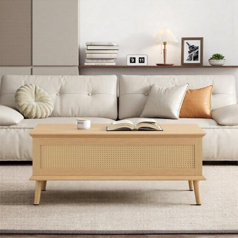 Doğal Rattan ve Ahşap Yükseltilebilir Tablalı Saklama Alanlı Akıllı Sehpa - 107x55 cm - 254604