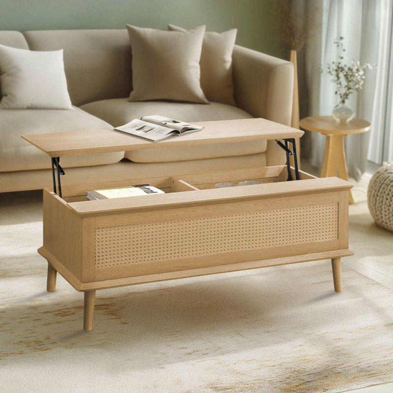 Doğal Rattan ve Ahşap Yükseltilebilir Tablalı Saklama Alanlı Akıllı Sehpa - 107x55 cm - 254604