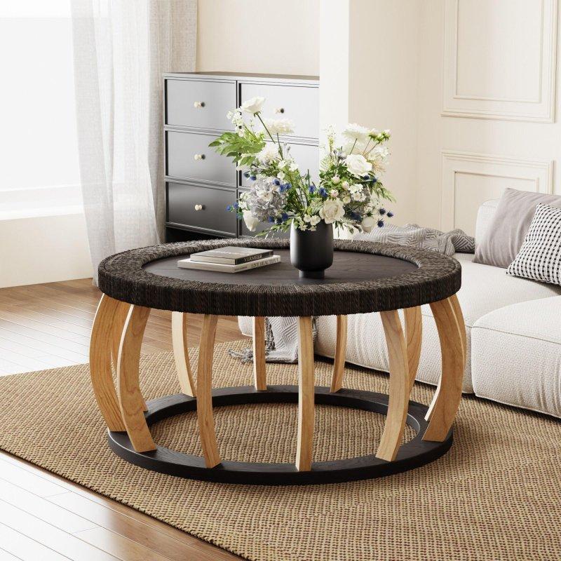 Doğal Rattan ve Masif Ahşap Kavisli Ayaklı Raflı Yuvarlak Orta Sehpa - 90 cm - 241911