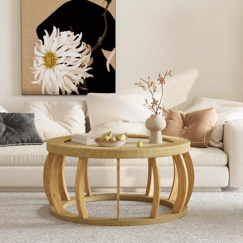 Doğal Rattan ve Masif Ahşap Kavisli Ayaklı Raflı Yuvarlak Orta Sehpa - 90 cm - 241911
