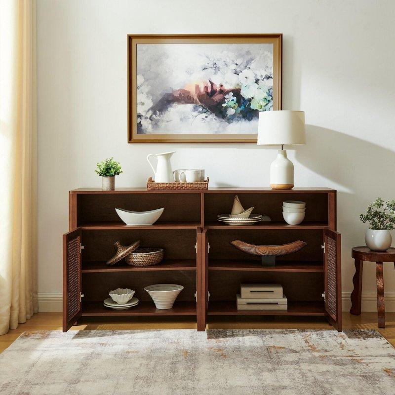 Doğal Rattan ve MDF Ayarlanabilir Raflı Priz Delikli Bohem Konsol - 325077