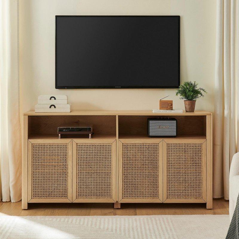 Doğal Rattan ve MDF Ayarlanabilir Raflı Priz Delikli Bohem Konsol - 325077