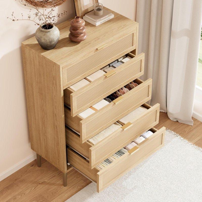 Doğal Rattan ve MDF Gold Kulplu 5 Çekmeceli Dar Şifonyer - 81 cm - 299640