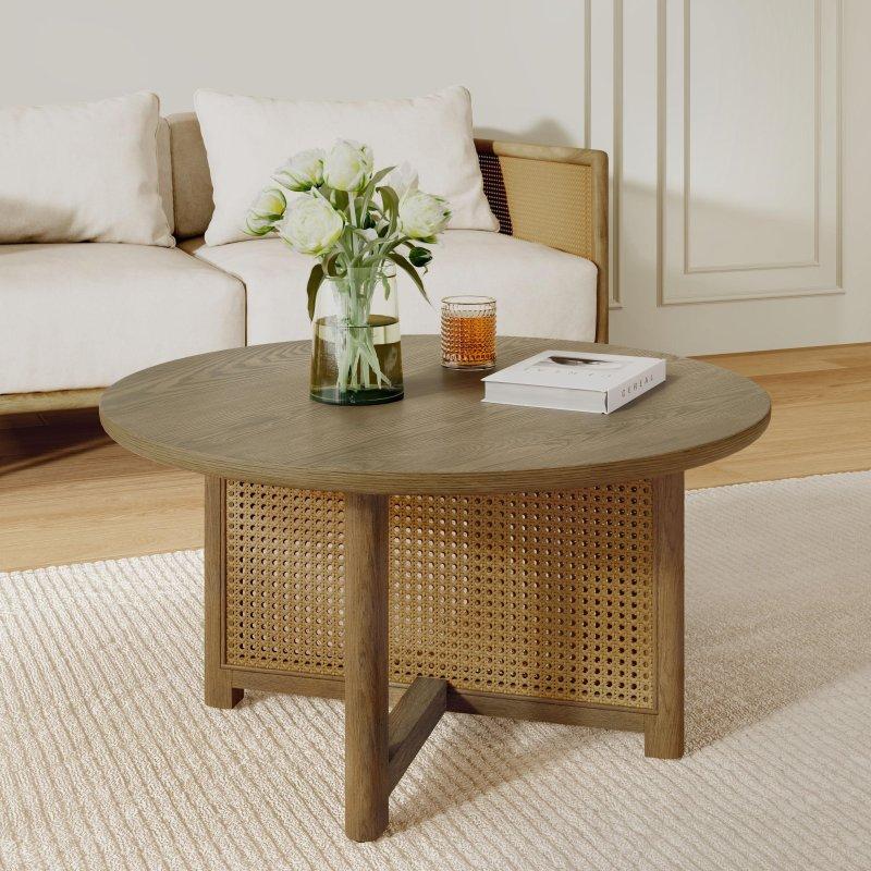 Doğal Renk Ahşap El Örgüsü Rattan Rustik Yuvarlak Orta Sehpa - 82x42 cm - 239949