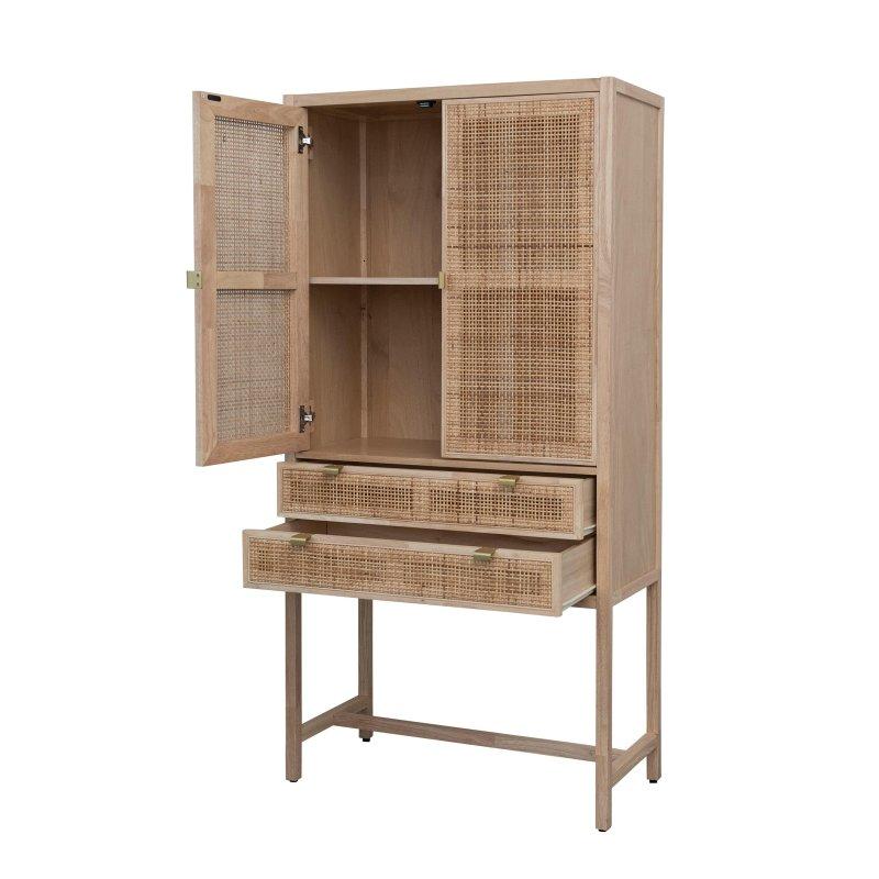 Doğal Renk Ahşap Hasır Örgülü Kapaklı Çekmeceli Kitaplık - 40x170 cm - 313326