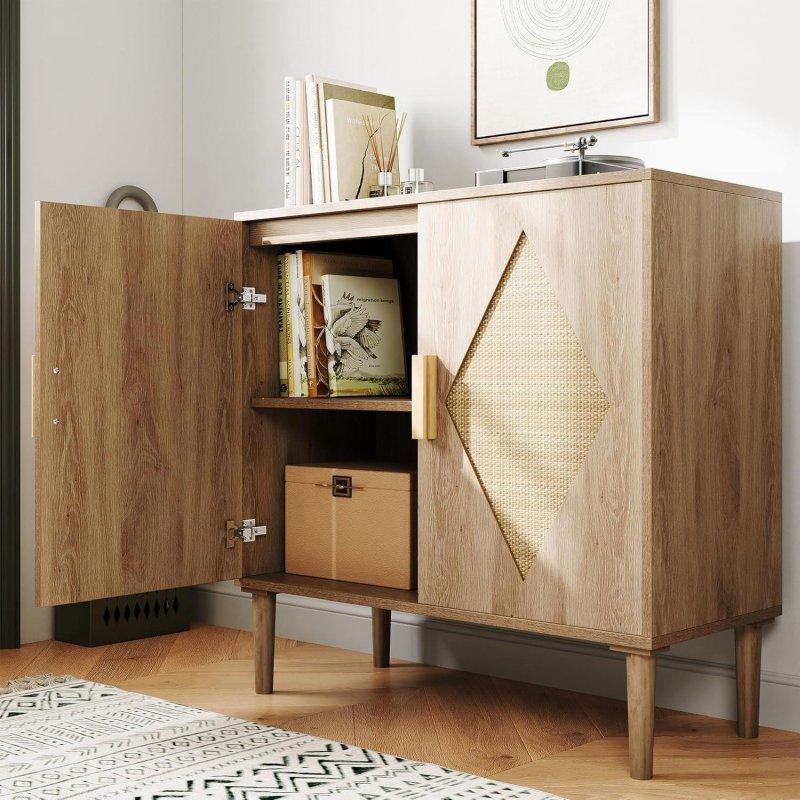 Doğal Renk Ahşap Rattan 2 Kapaklı Ayarlanabilir Raflı Şifonyer - 81x80x36 cm - 308536