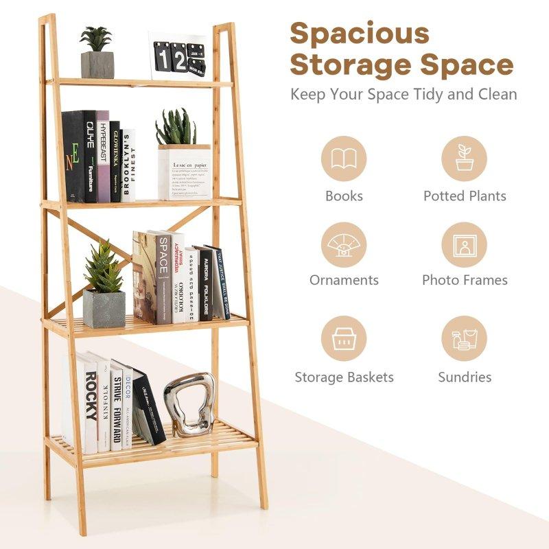 Doğal Renk Bambu 4 Raflı Merdiven Tipi 2li Set Kitaplık - 148 cm - 313499